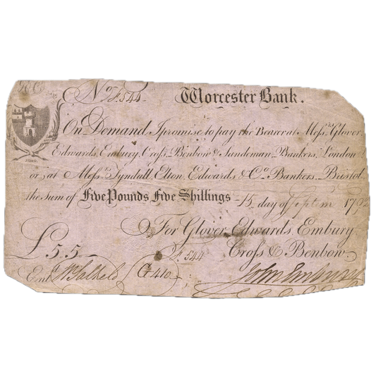 Worcester Bank 1792 5 guinea banknote Outing 2421a