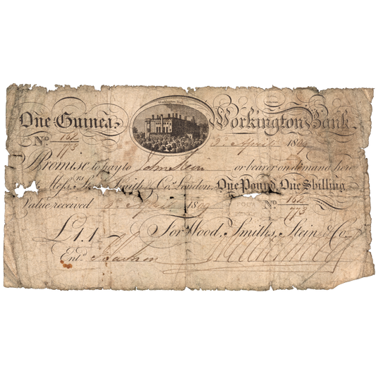 Workington Bank 1809 1 guinea banknote Outing 2428a