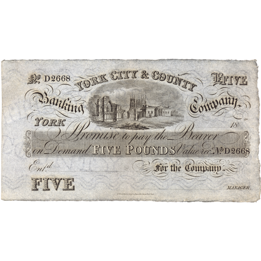 York City & County Bank 18-- £5 unissued banknote Outing 2456i