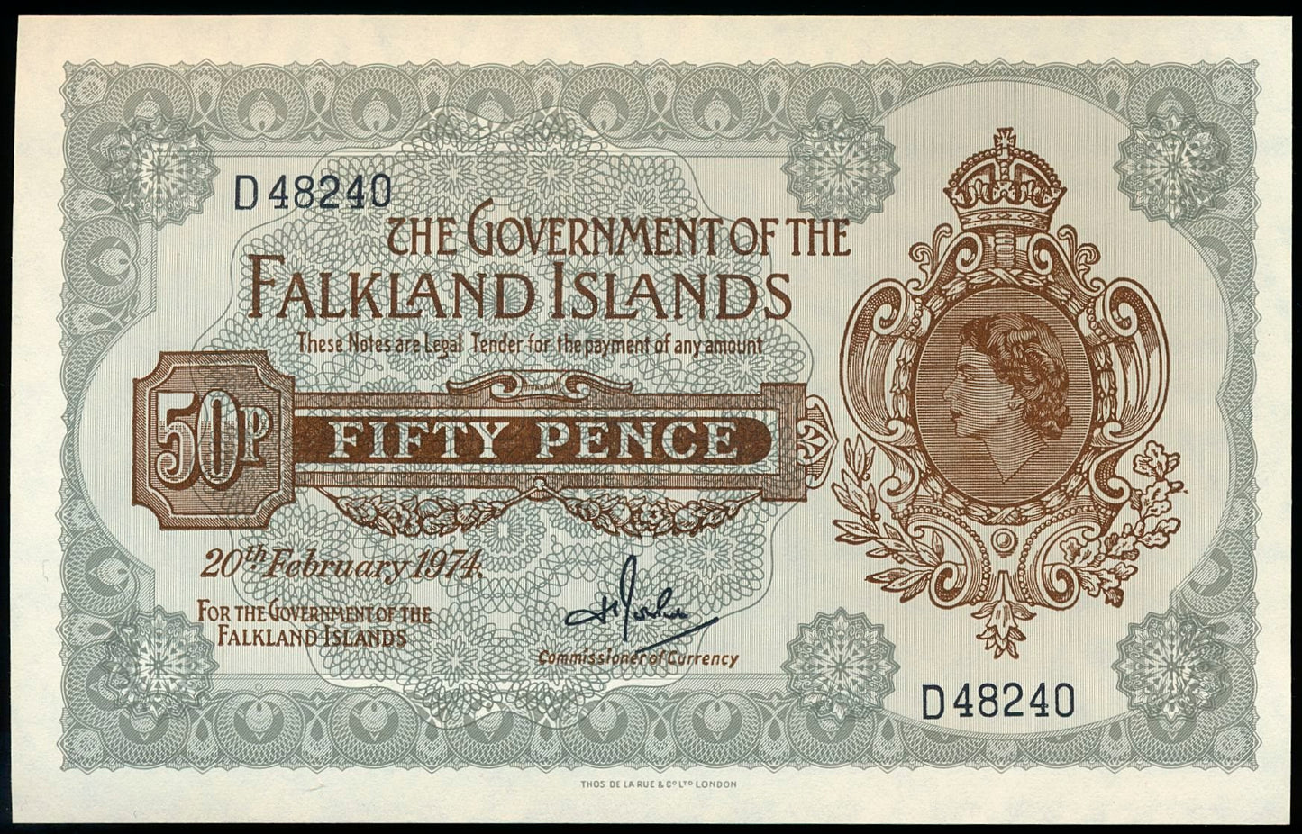 FALKLAND ISLANDS P.10b 1974 50 Pence AUNC D