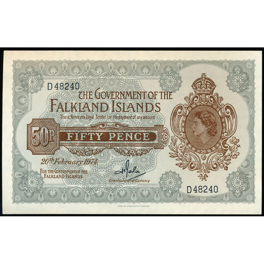FALKLAND ISLANDS P.10b 1974 50 Pence AUNC D