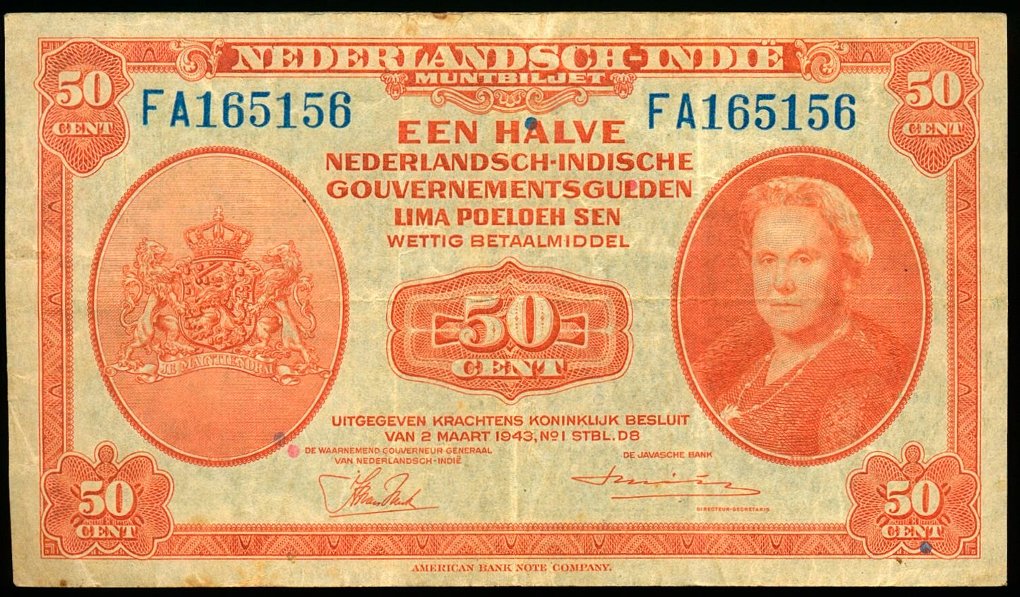 DUTCH EAST INDIES P.110a 1943 50 Cents VF