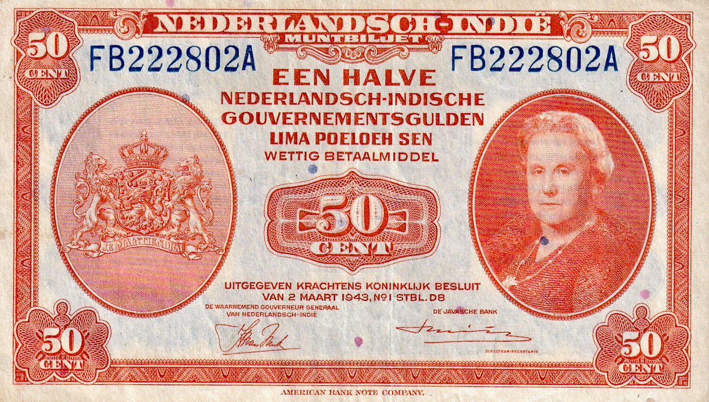 DUTCH EAST INDIES P.110a 1943 50 Cents GVF