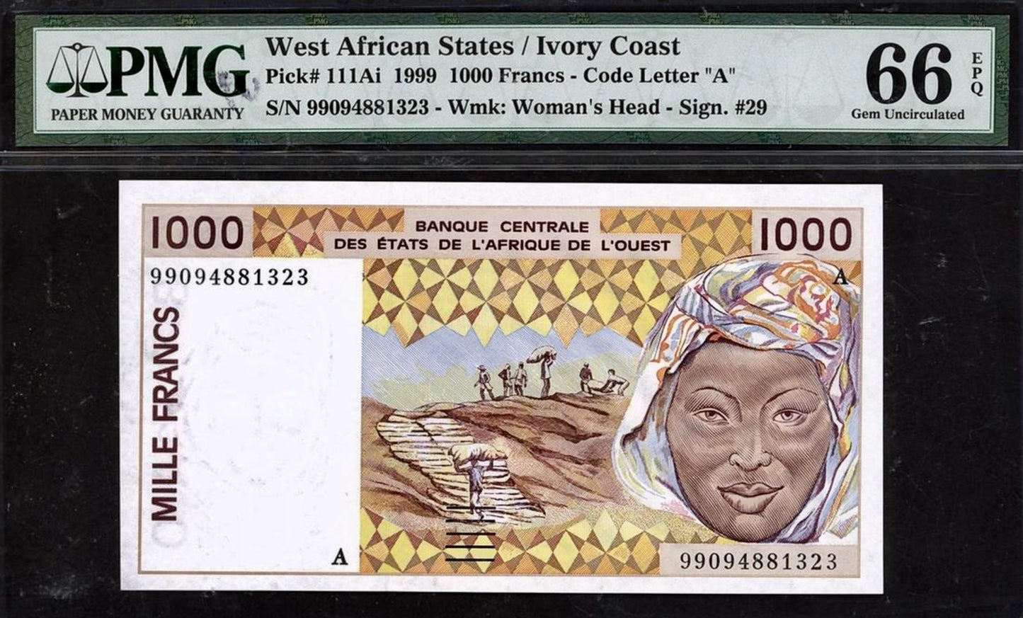 WEST AFRICAN STATES (Ivory Coast) P.111Ai 1999 1000 Francs GEM 66 UNC