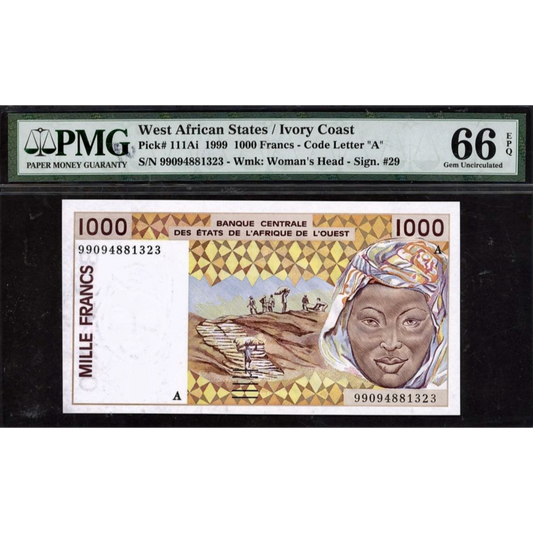 WEST AFRICAN STATES (Ivory Coast) P.111Ai 1999 1000 Francs GEM 66 UNC