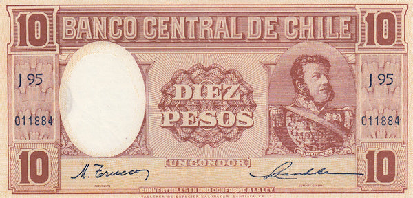 CHILE P.111 10 Pesos 1947-1958 BANKNOTE AUNC