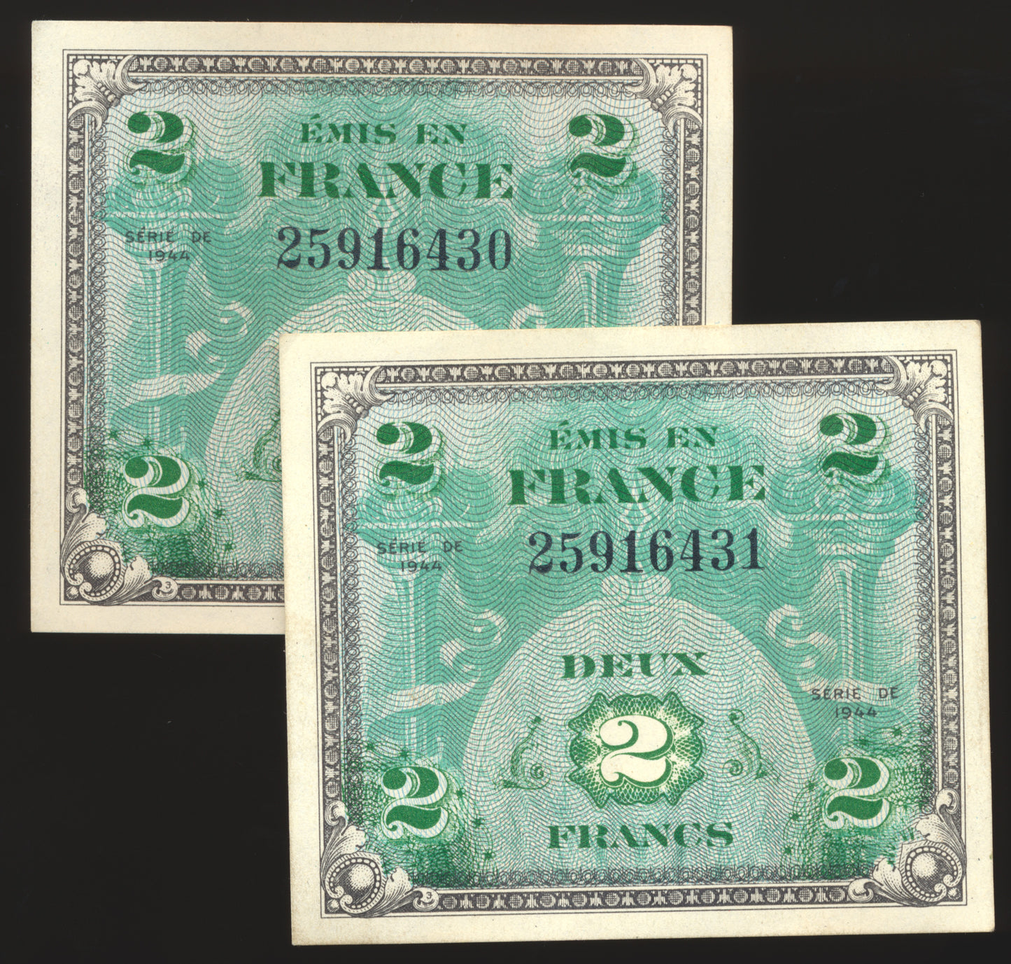 FRANCE P.114 France 1944 2Fr GEF 2 consecutive notes