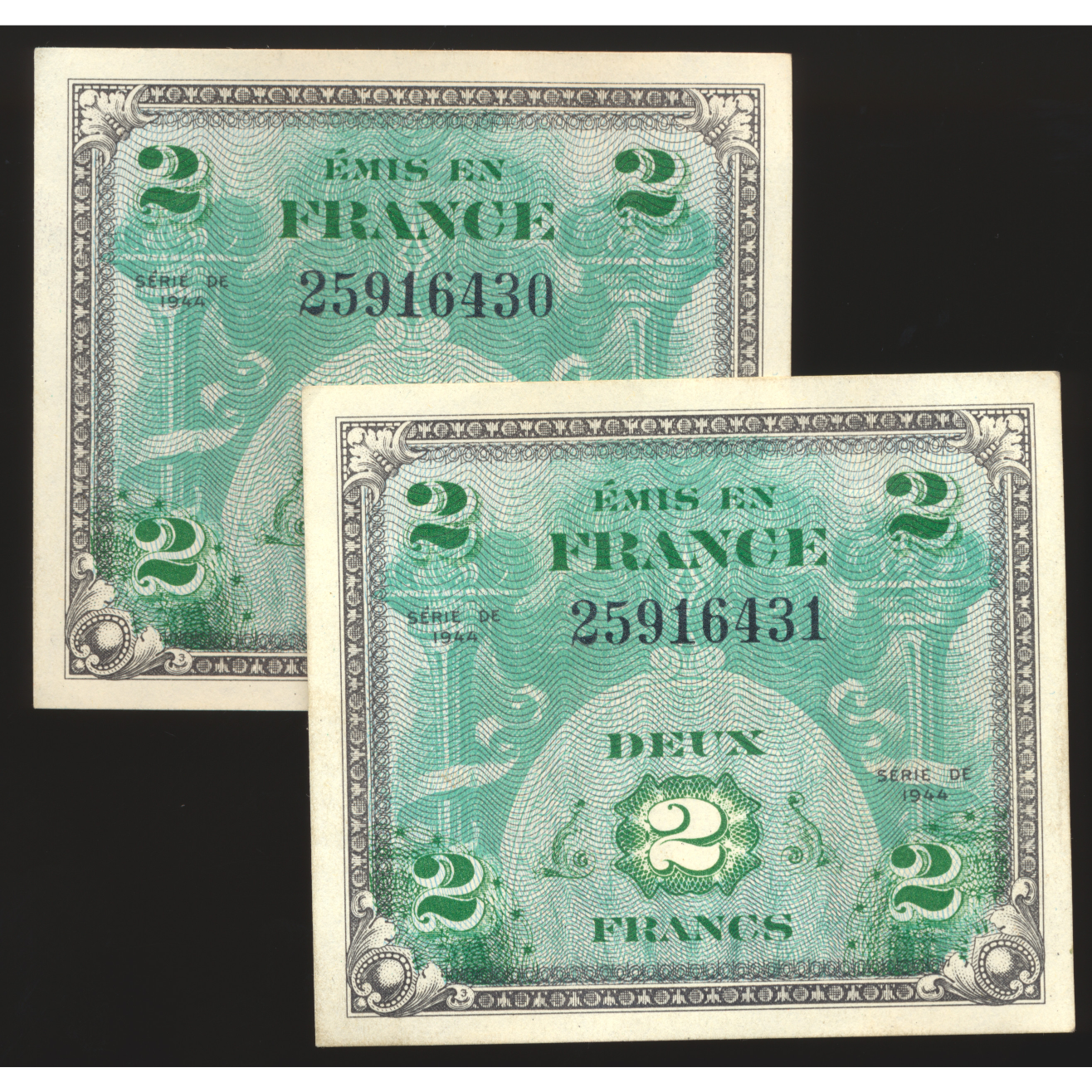 FRANCE P.114 France 1944 2Fr GEF 2 consecutive notes