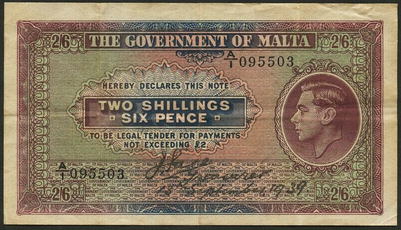 MALTA P.11 1939 2 Shillings 6 pence First series A/1 AVF