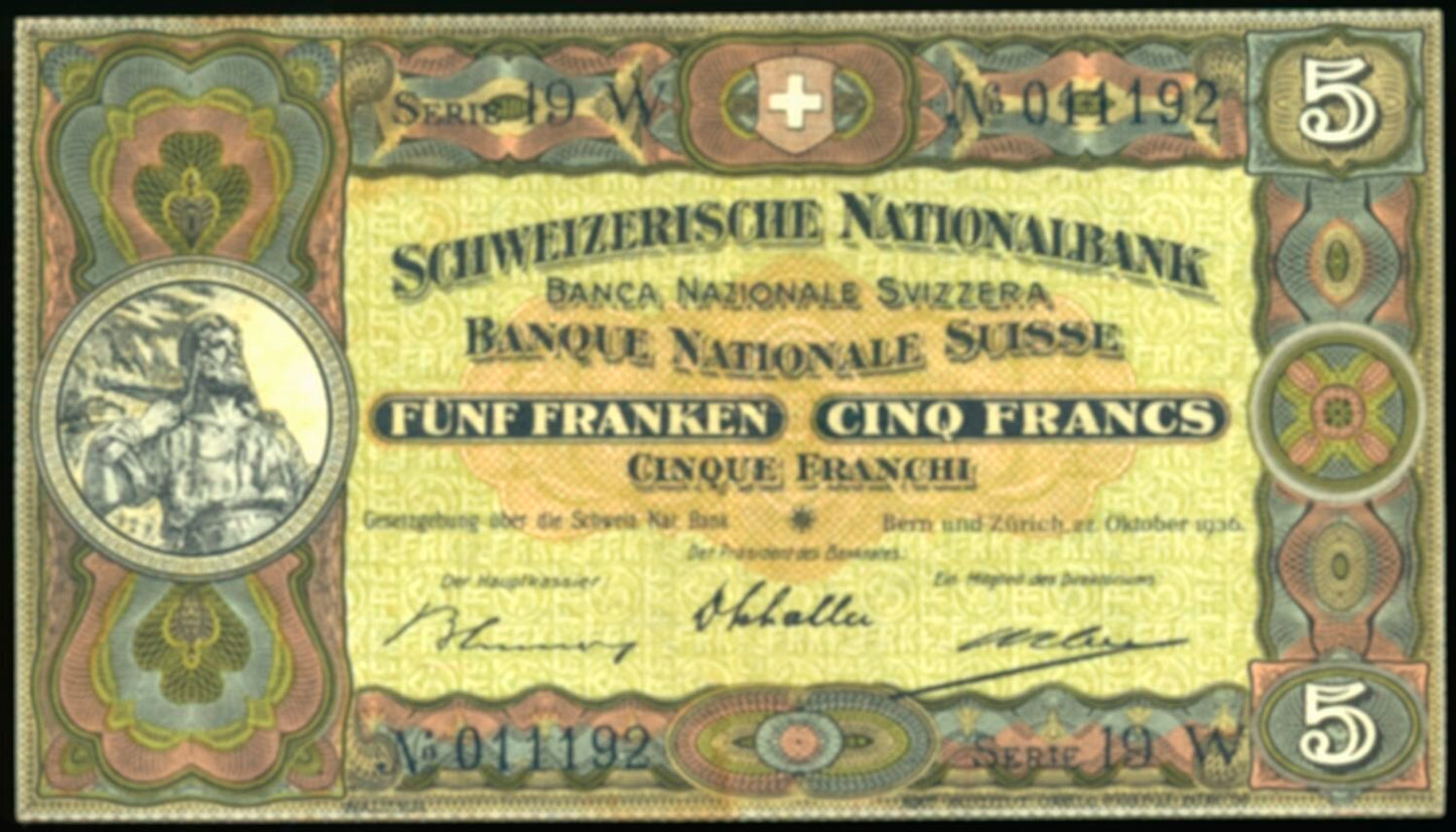 SWITZERLAND P.11h 1936 5 Franken F