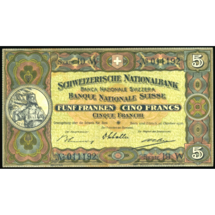SWITZERLAND P.11h 1936 5 Franken F