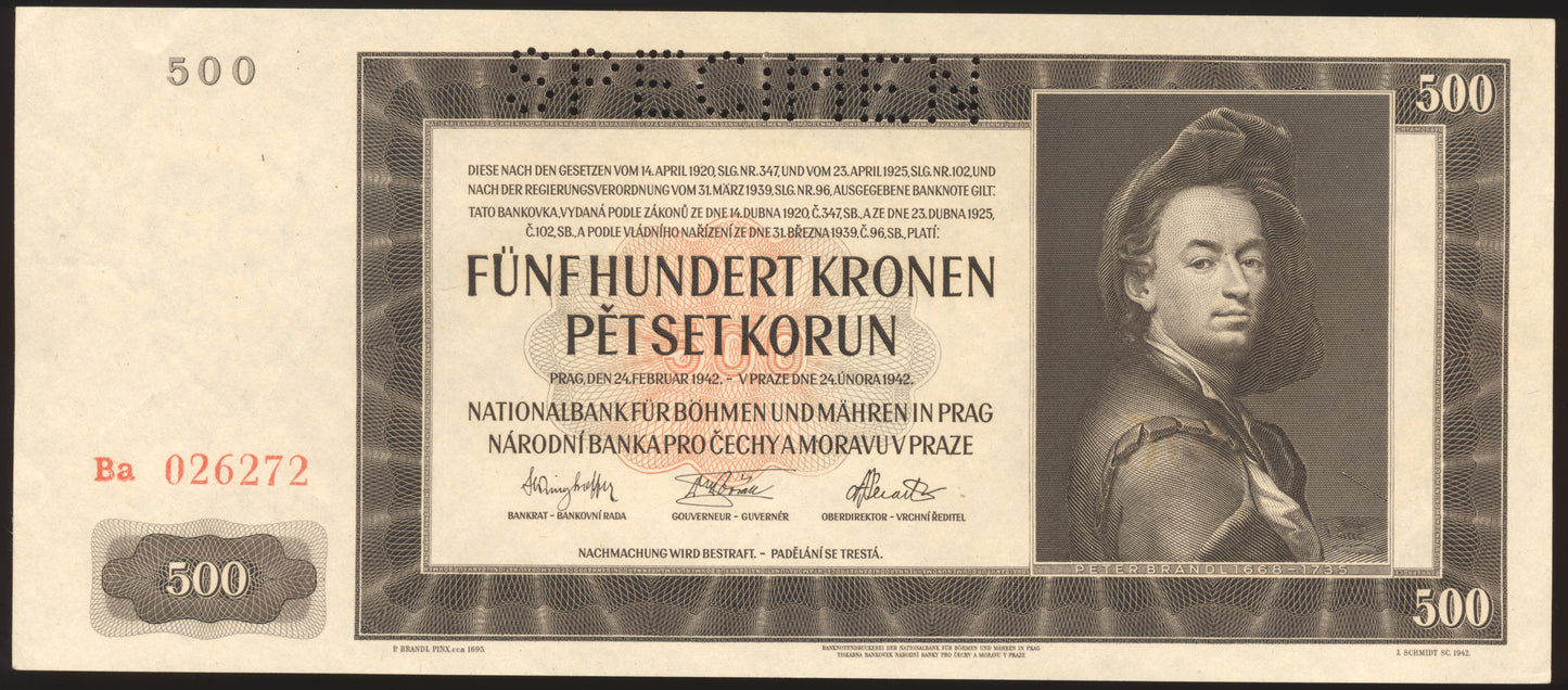 BOHEMIA & MORAVIA P.11s 1942 500 Korun UNC SPECIMEN