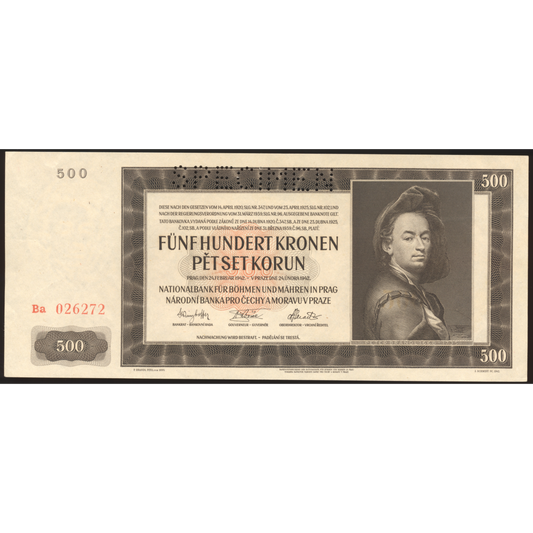 BOHEMIA & MORAVIA P.11s 1942 500 Korun UNC SPECIMEN