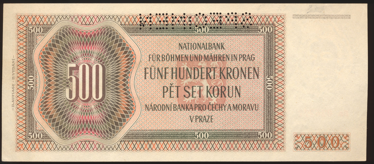 BOHEMIA & MORAVIA P.11s 1942 500 Korun UNC SPECIMEN