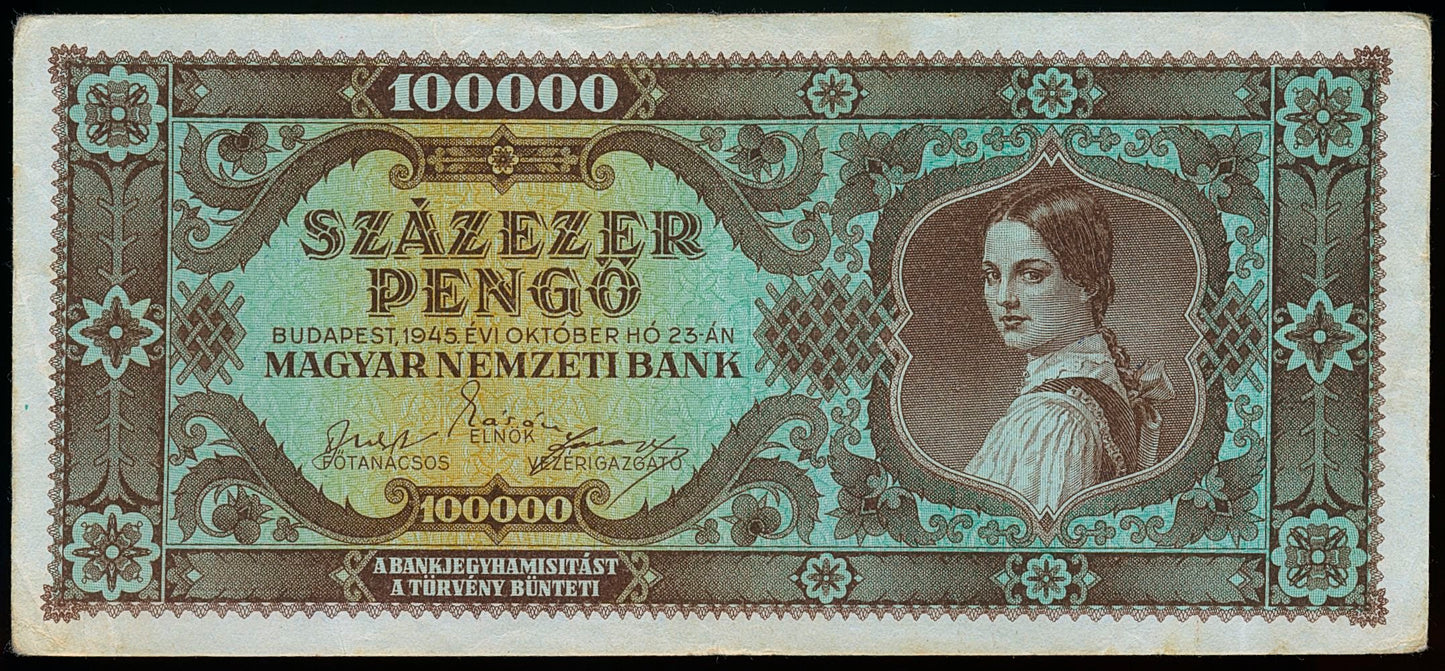 HUNGARY P.120 1945 100,000 Pengo GVF