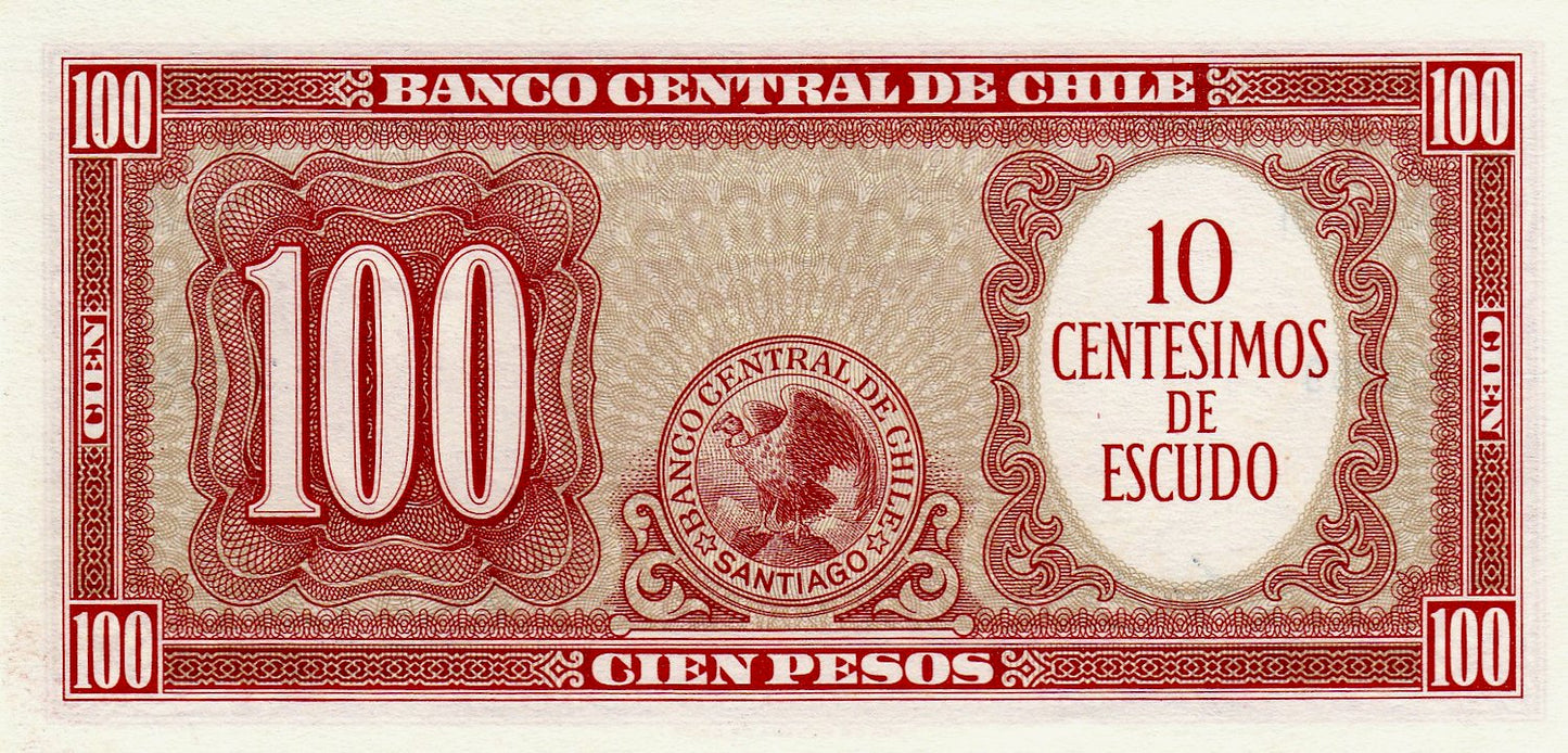 CHILE P.127a 10 Centesimos de Escudo on 100 Pesos 1960 BANKNOTE UNC