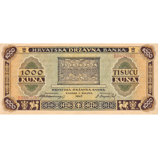 CROATIA P.12a 1943 1000 Kuna AUNC
