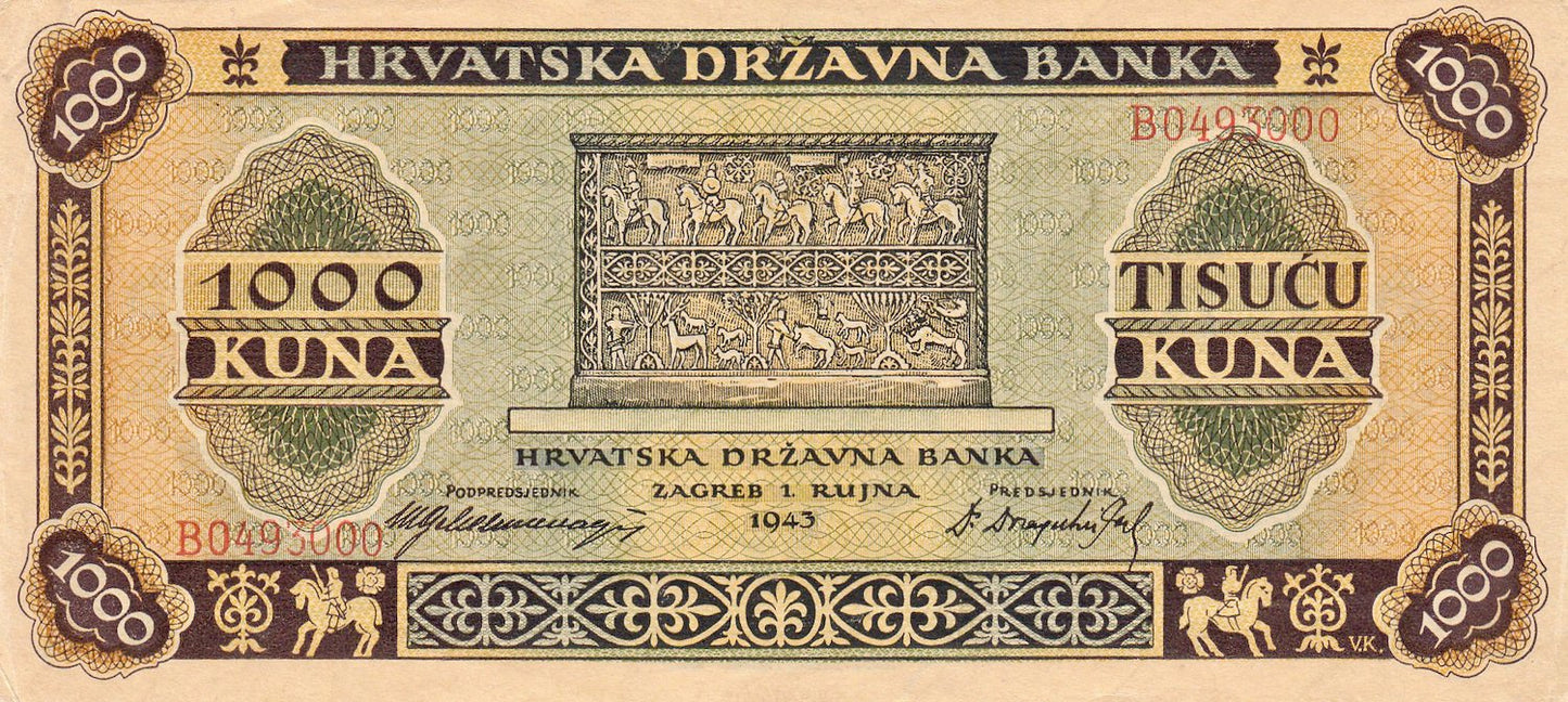 CROATIA P.12a 1943 1000 Kuna AUNC