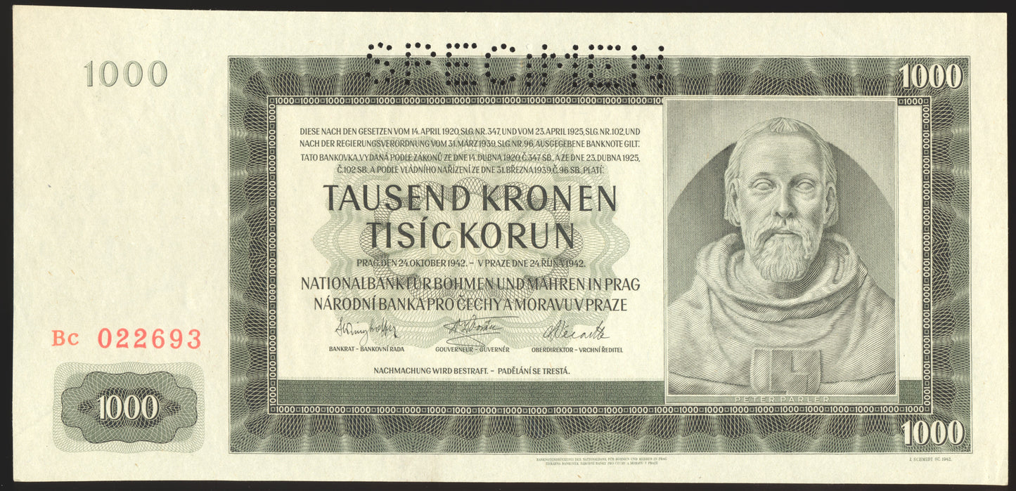 BOHEMIA & MORAVIA P.13s 1942 1000 Korun UNC SPECIMEN