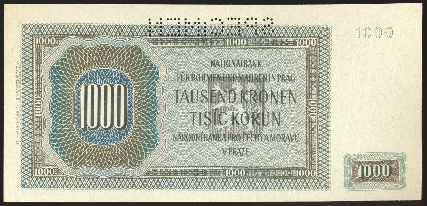 BOHEMIA & MORAVIA P.13s 1942 1000 Korun UNC SPECIMEN