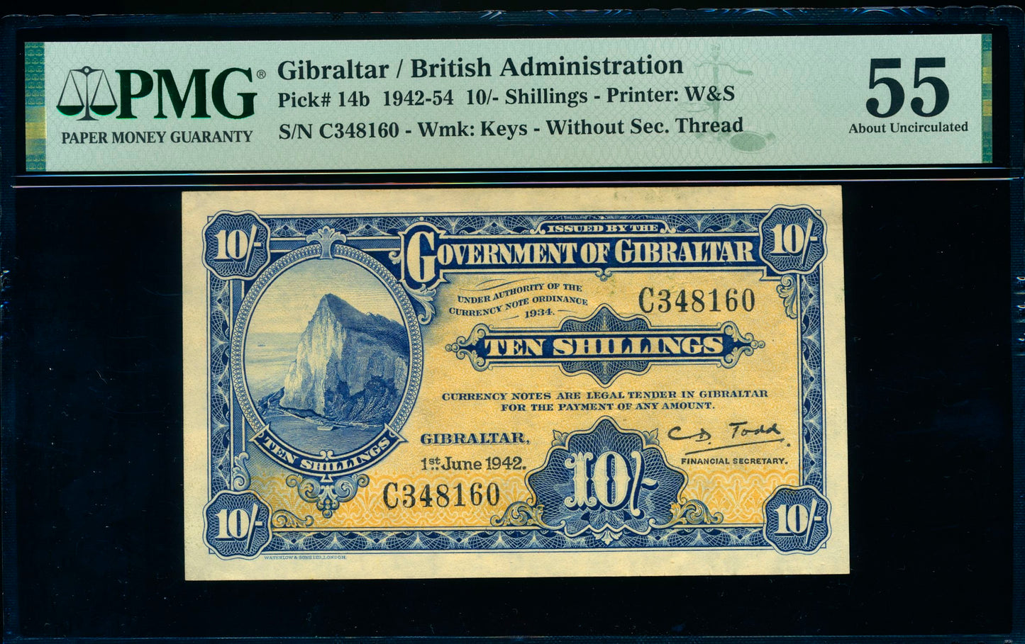 GIBRALTAR P.14b 1942 10 Shillings C AUNC 55