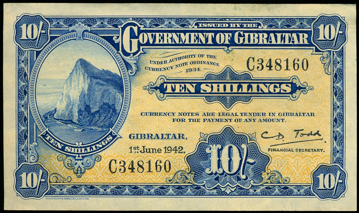 GIBRALTAR P.14b 1942 10 Shillings C AUNC 55