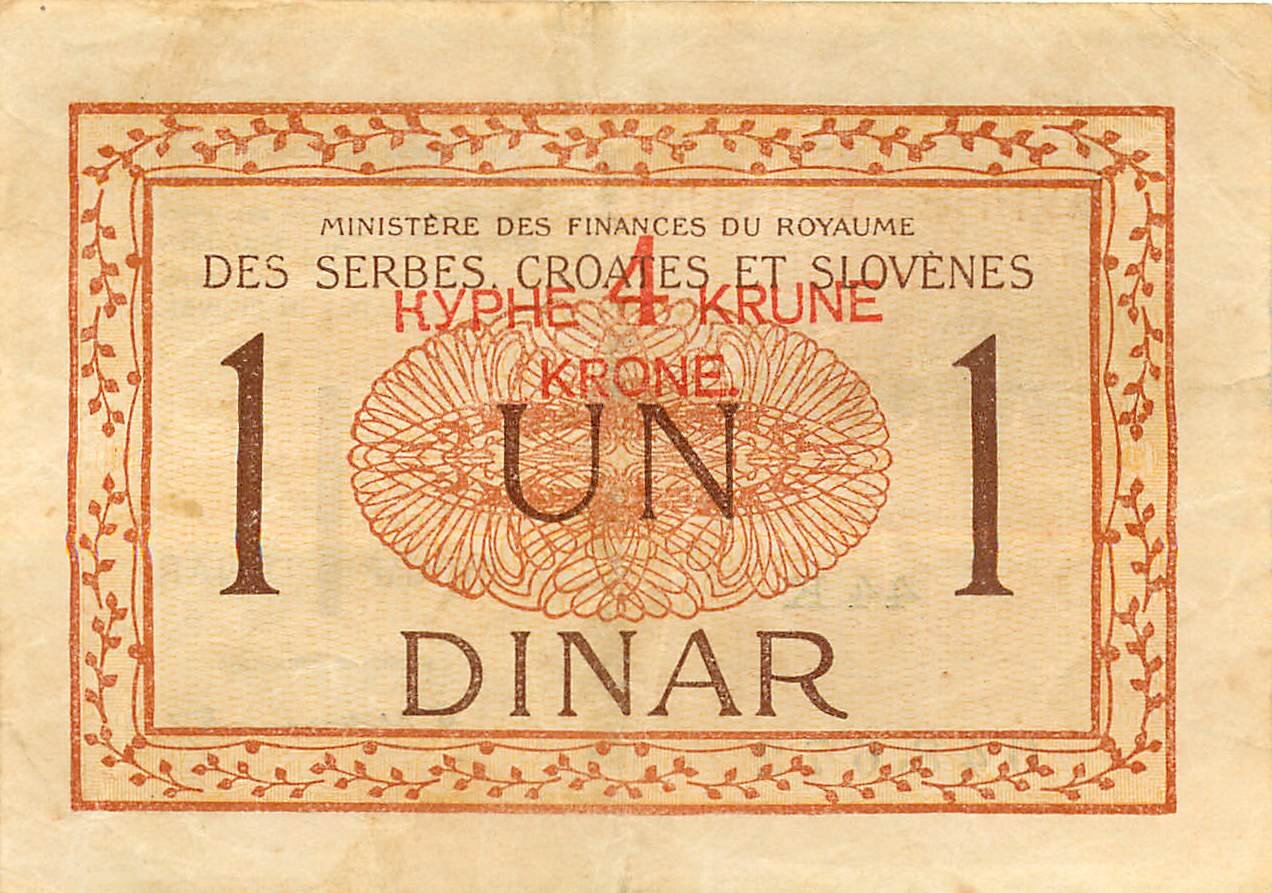 YUGOSLAVIA P.15 1919 4 Kroner over 1 Dinar GVF