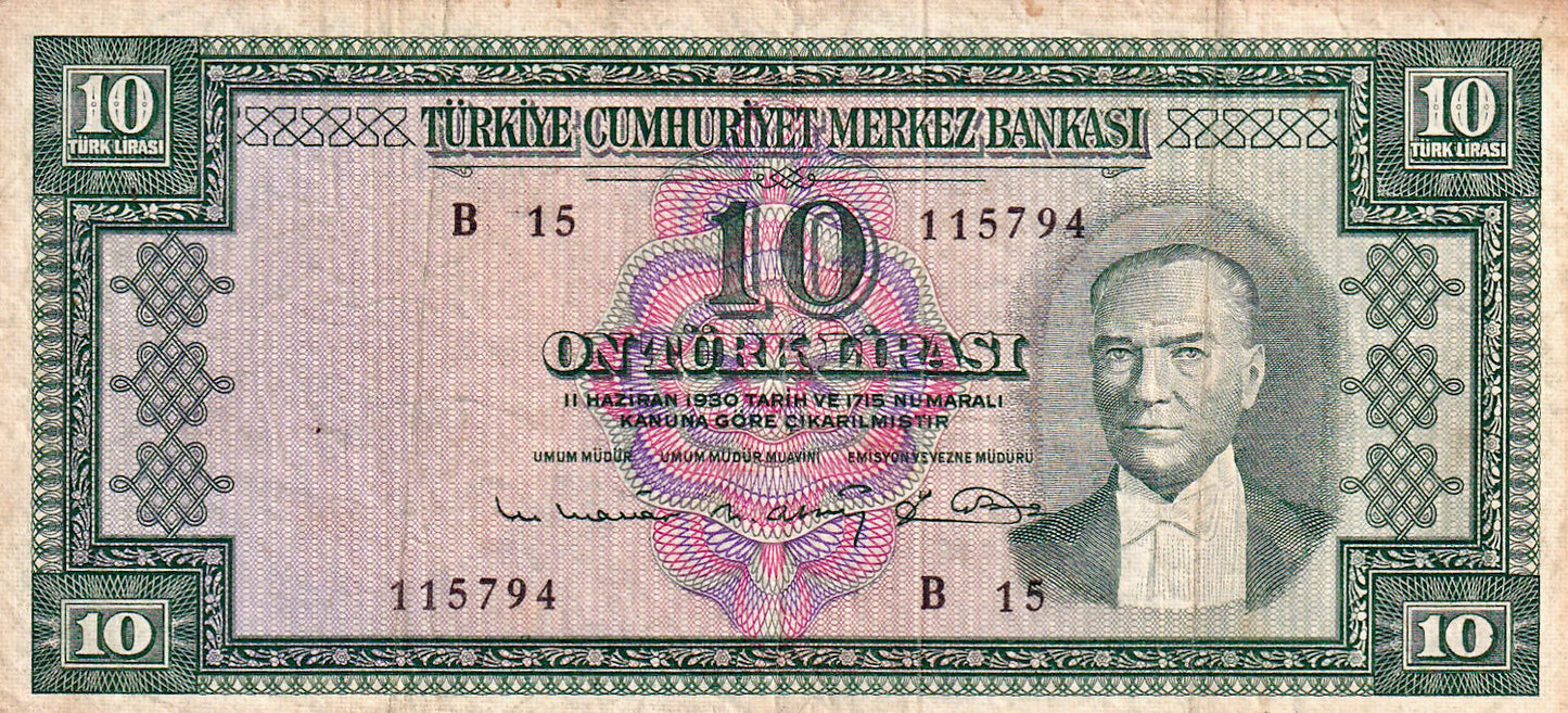 TURKEY P.161 1963 10 Lira VF