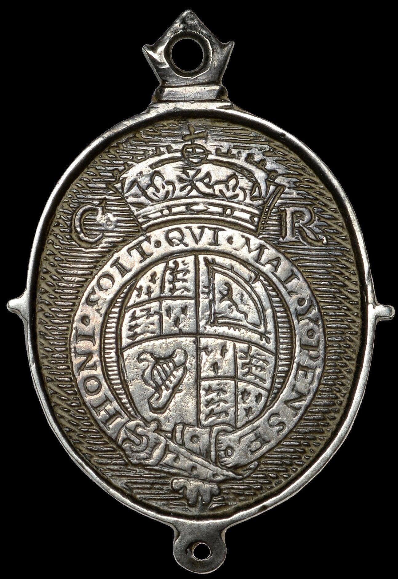 1649 (c) Charles II Royalist silver badge 26mm*22mm issued in exile MI 439/6 E206 NEF