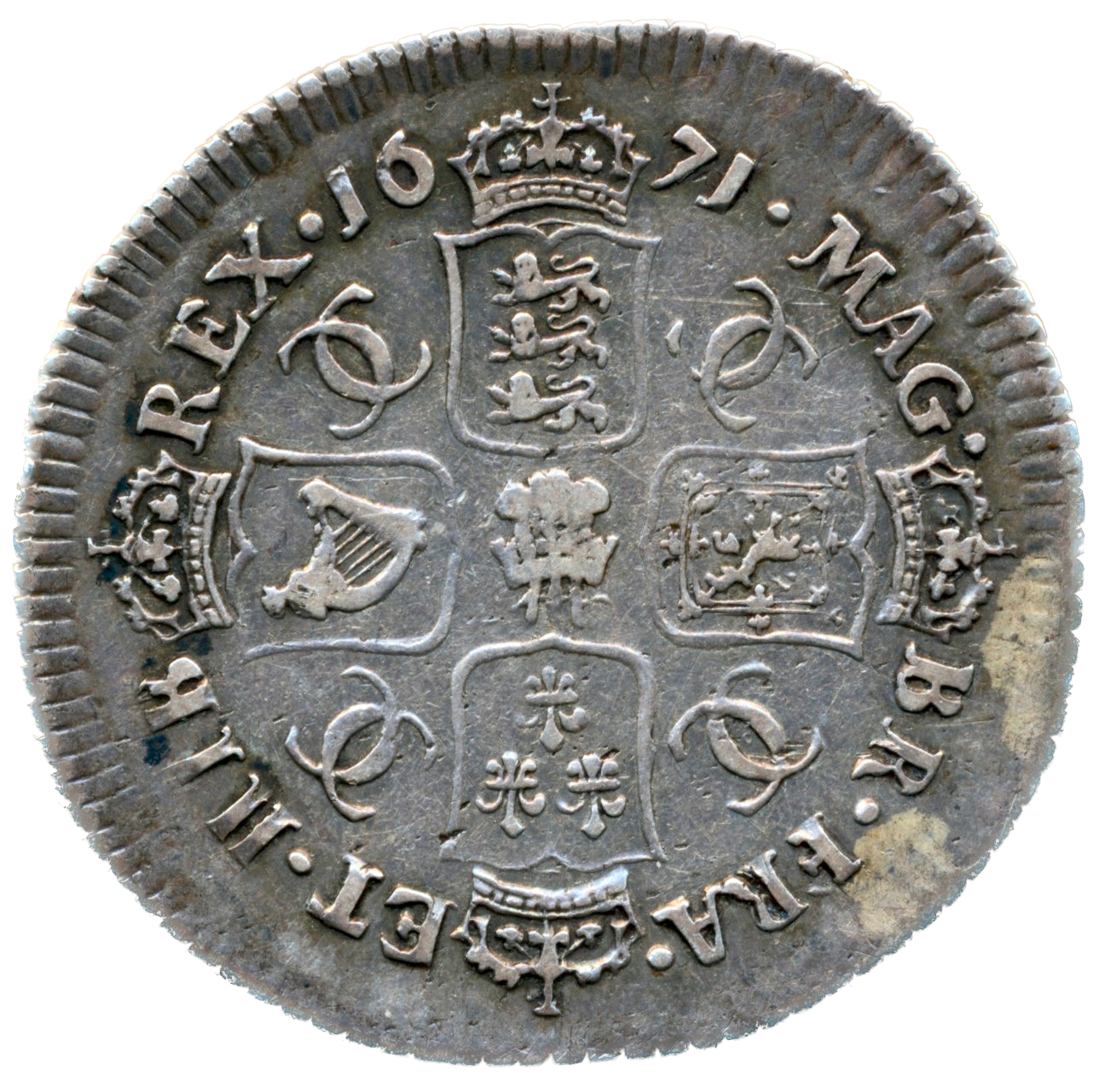 1671 Shilling Second bust Plume below bust S3376 ESC 520 Very rare (R2) GVF