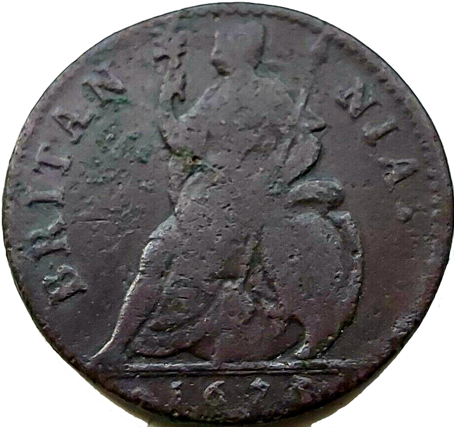 1673 Farthing S3394 BMC 525 No obverse stops NF Extremely rare