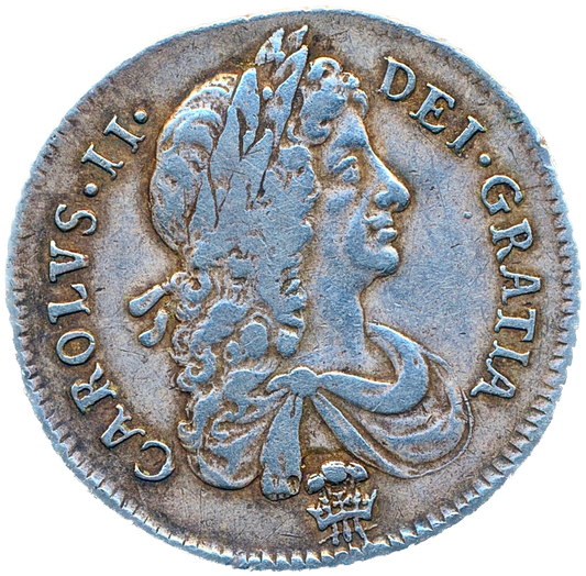 1673 Shilling Second bust Plume below bust S3376 ESC 525 Extremely rare (R3) AVF/VF