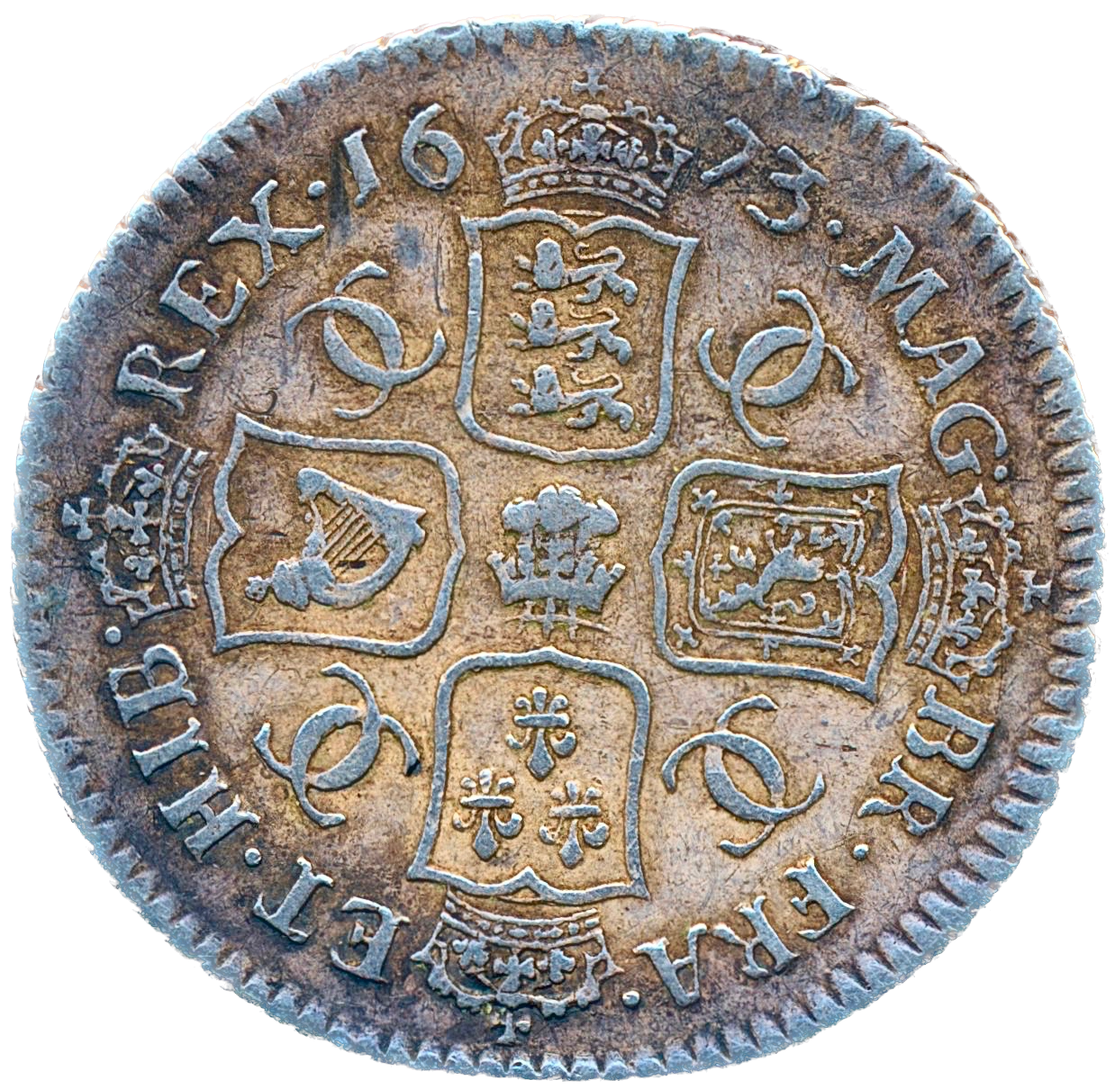 1673 Shilling Second bust Plume below bust S3376 ESC 525 Extremely rare (R3) AVF/VF