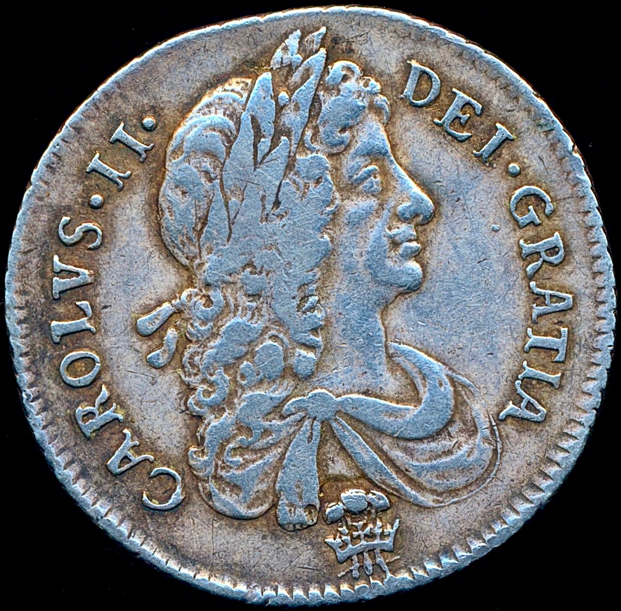 1673 Shilling Second bust Plume below bust S3376 ESC 525 Extremely rare (R3) AVF/VF