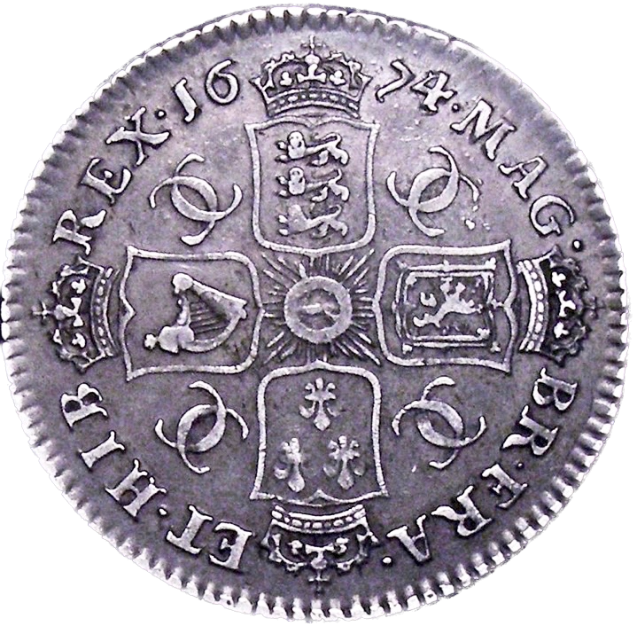 1674/3 Shilling Second bust variety S3375 ESC 527 Very rare (R2) GVF