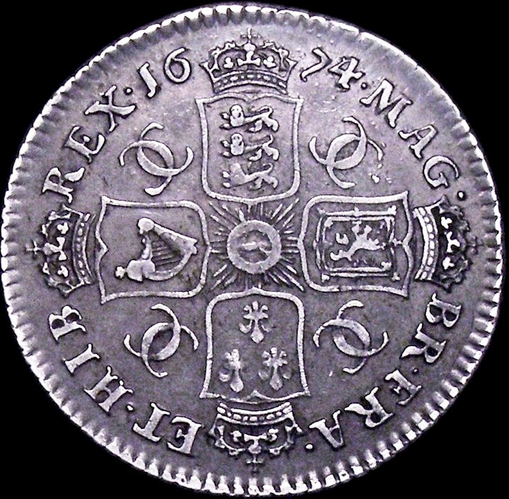 1674/3 Shilling Second bust variety S3375 ESC 527 Very rare (R2) GVF