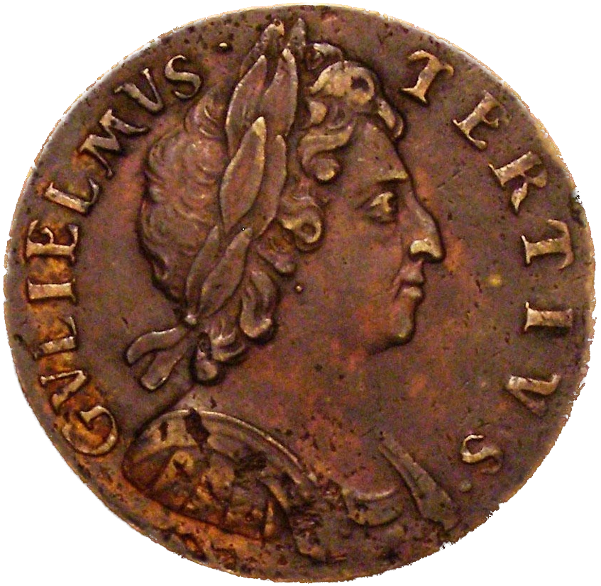 1696 Halfpenny (type 1) S3554 BMC 641 Scarce NEF/GVF