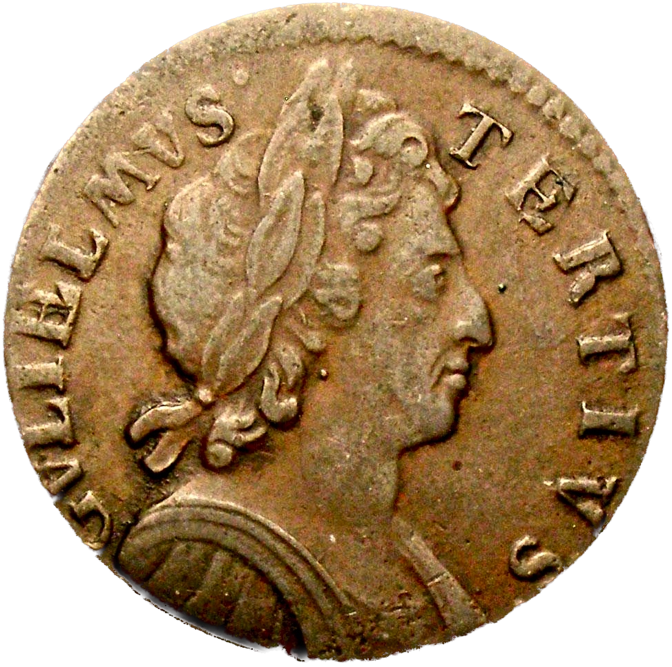 1697 Halfpenny (type 1) S3554 BMC 647var E over B in GVLIELMVS Rare VF