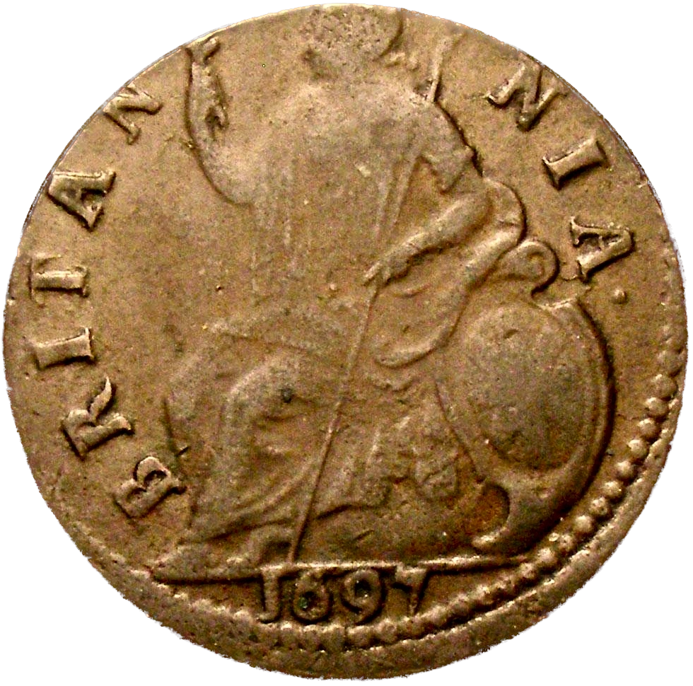 1697 Halfpenny (type 1) S3554 BMC 647var E over B in GVLIELMVS Rare VF