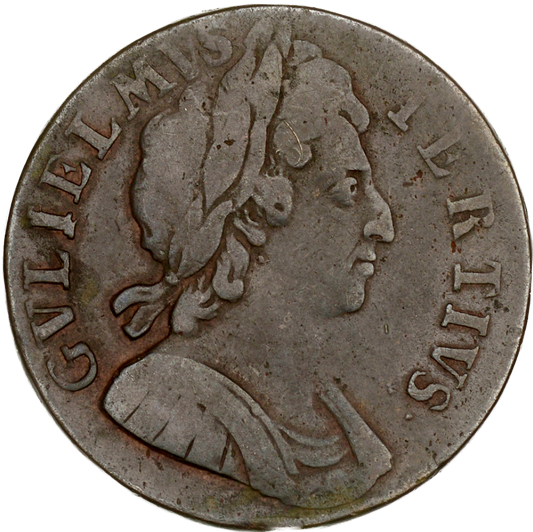 1699 Halfpenny (type 2) No stop after date Unbarred A's BMC 676var Extremely rare F