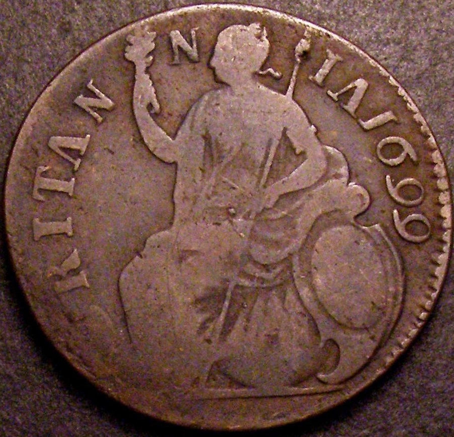 1699 Halfpenny (type 2) No stop after date; Unbarred As BMC 676var Extremely rare F