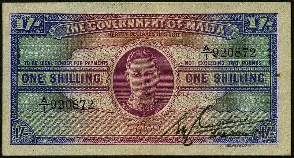 MALTA P.16 1940-1943 1 Shilling First series A/1 GEF