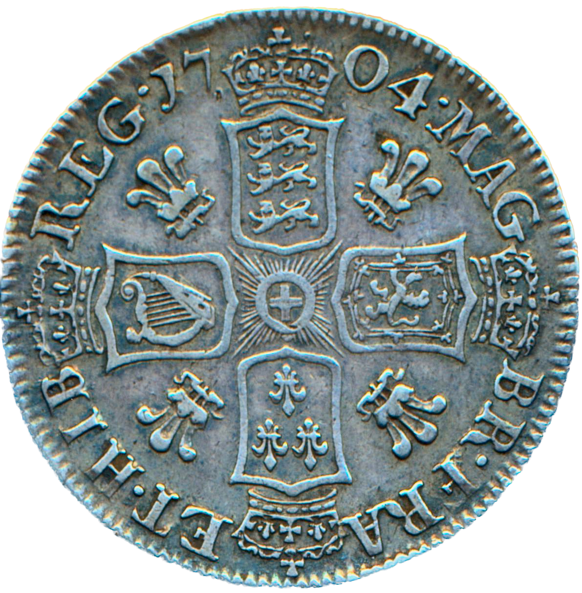 1704 Shilling Second bust Plumes in angles S3588 ESC 1390 Very rare (R2) GF/NVF