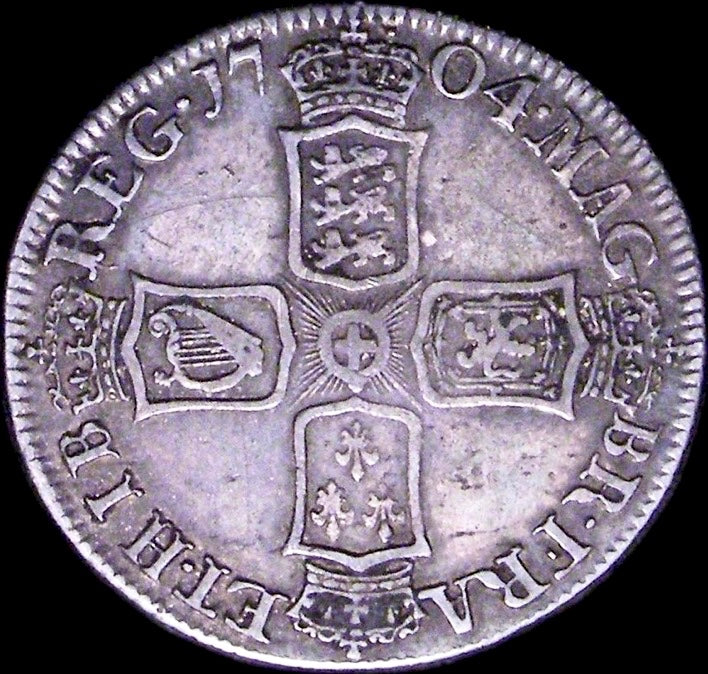 1704 Shilling Second bust Plain in angles S3587 ESC 1389 Excessively rare (R5) GF/AVF