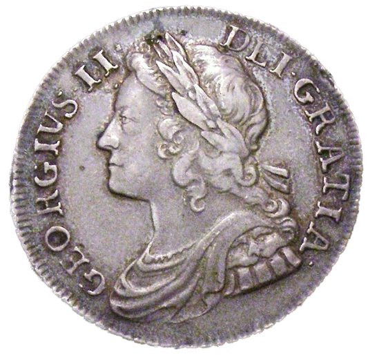 1739 Shilling Young head Roses in angles Small garter star S3701 ESC 1715 Excessively rare (R4) VF