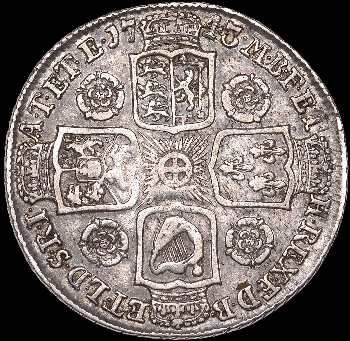 1743/41 Shilling Old head Roses in angles S3702 ESC 1721 Extremely rare (R3) NVF/VF