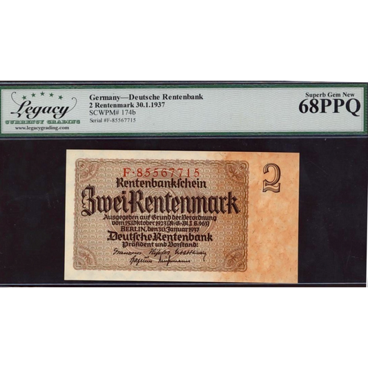 GERMANY P.174b 1937 2 Rentenmark SUPERB GEM 68 UNC