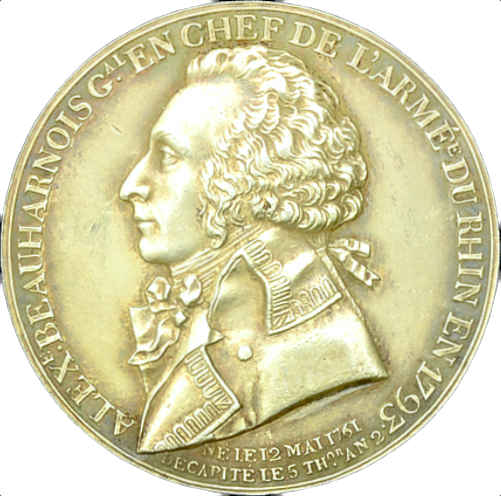 1794 FRANCE General Beauharnois, from French Revolution, a 32mm gilt bronze medal EF
