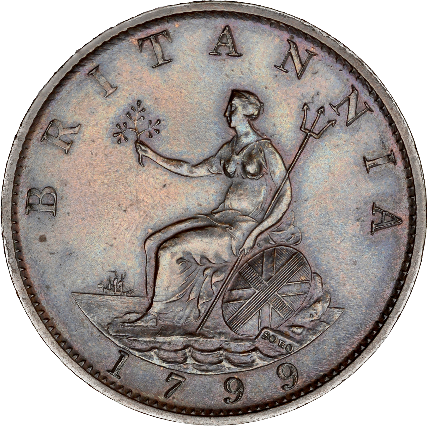 1799 Halfpenny S3774 BMC 1250 7 raised gunports Scarce EF