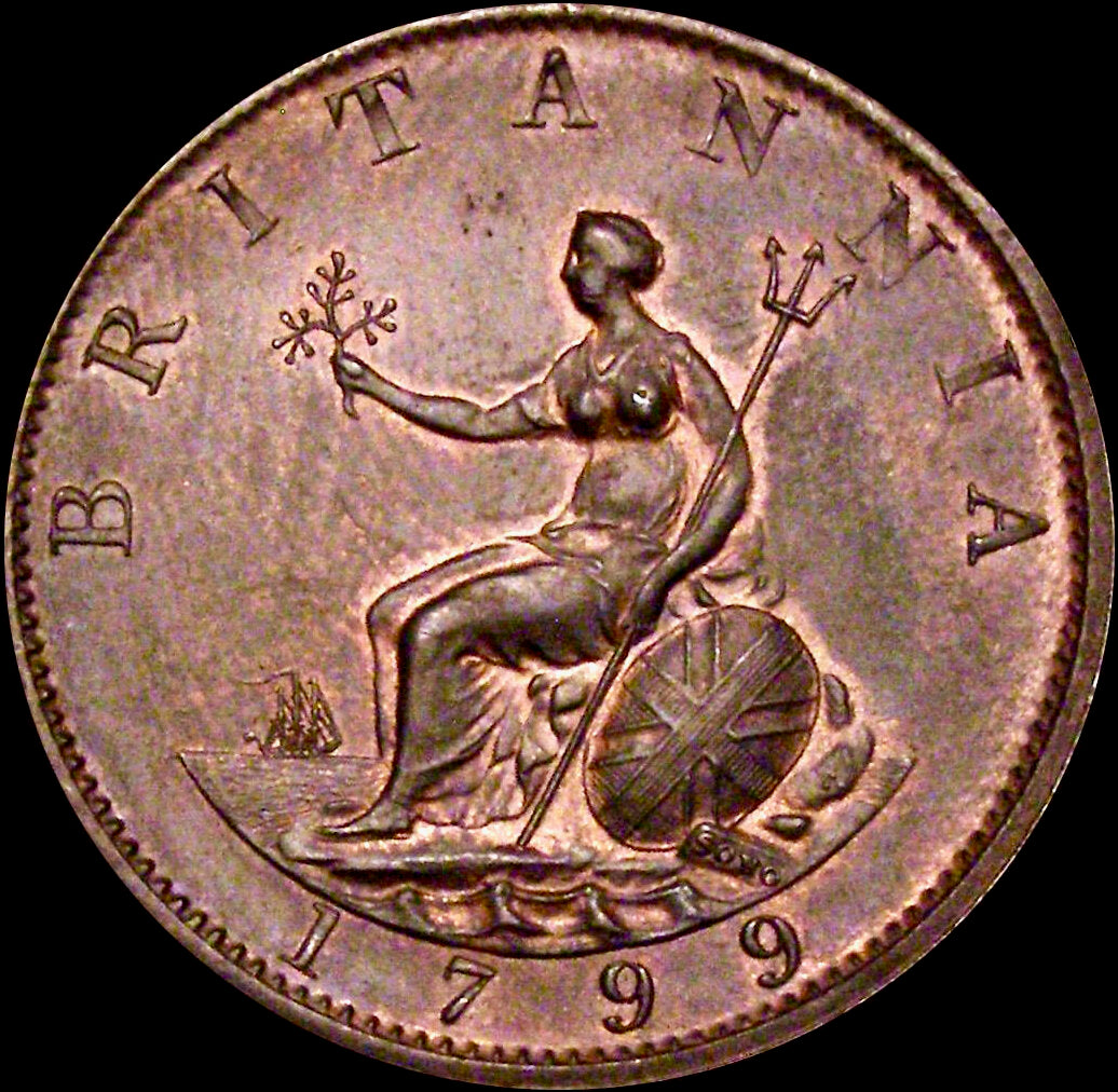 1799 Halfpenny S3774 BMC 1248 5 Gunports UNC